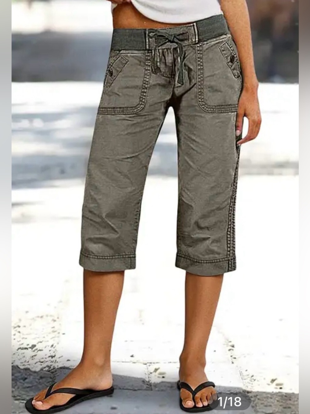 Flamingals Drawstring Button Decor Mid Waist Straight Leg Capri Pants